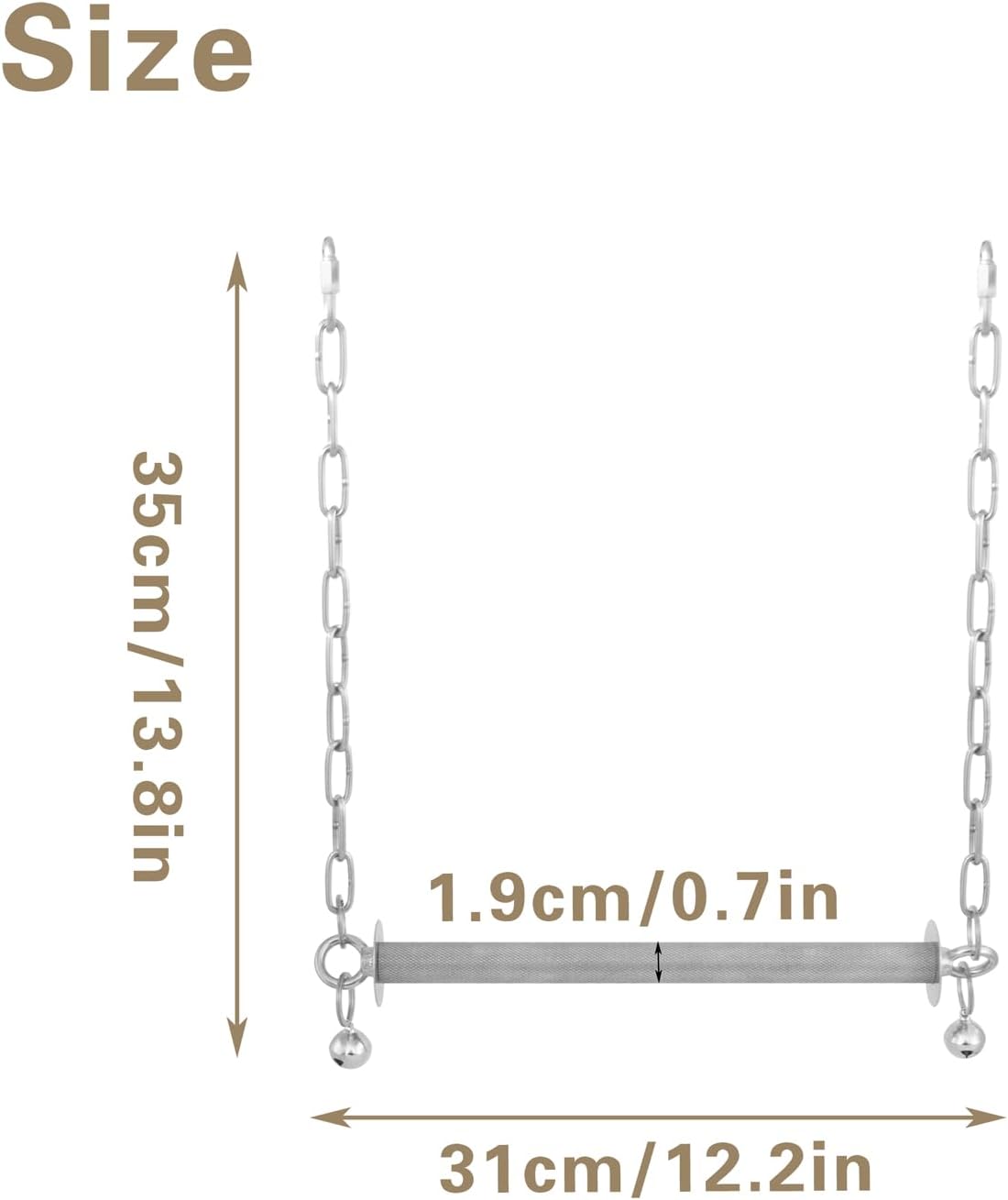 Stainless Steel Large Bird Swing, Heavy Duty Hanging Parrot Perch with Bell, Claw Grinding Cage Toy for Macaw, African Grey, Amazon, Cockatoo, and Large Birds