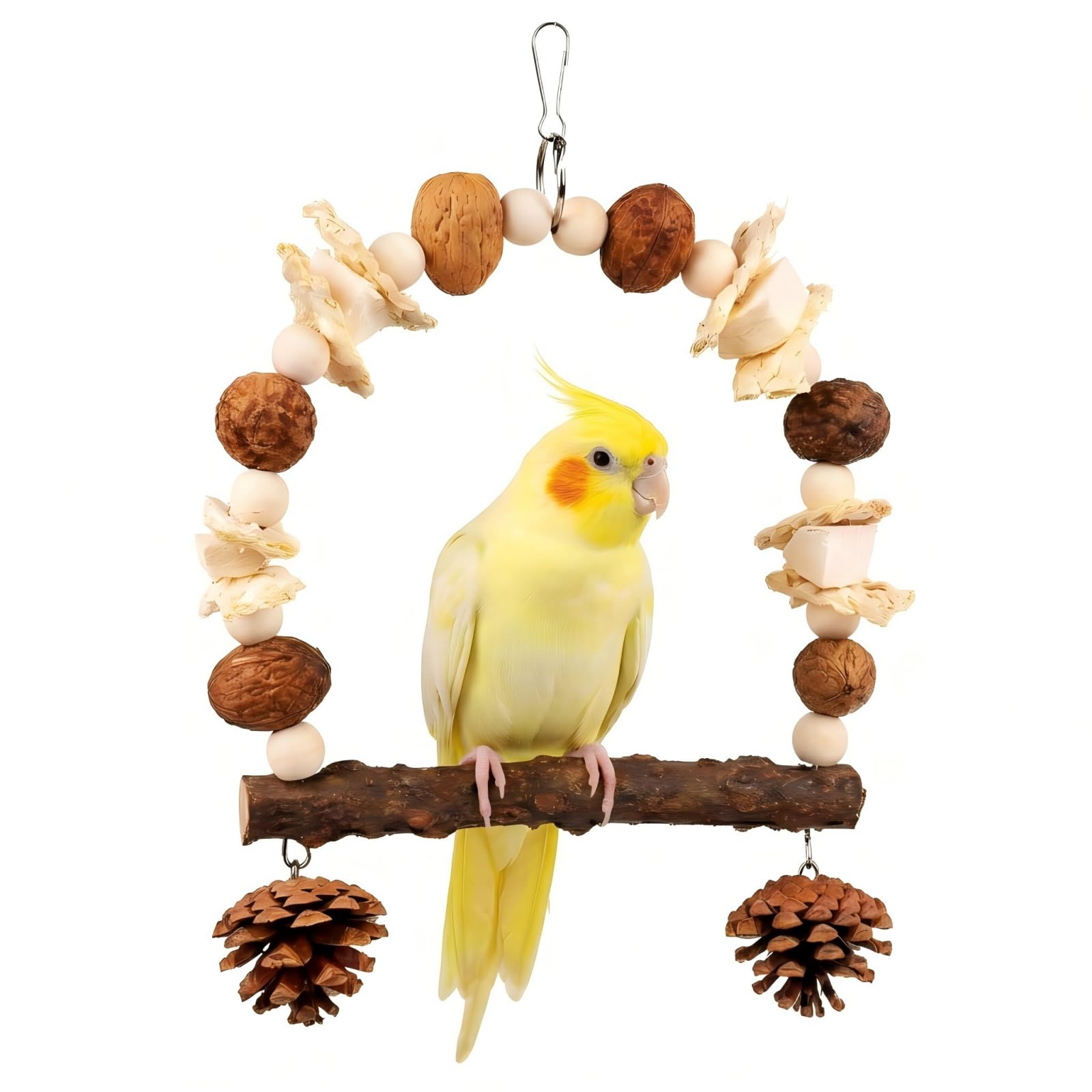 2 Pack Natural Bird Toys Set - Arch Wood Swing & Sola Ball Shreddable Toy - Foraging Hanging Perch with Pine Cones & Pumice Stone Beak Trimmer, Cage Accessories for Cockatiel, Conure, Parakeets