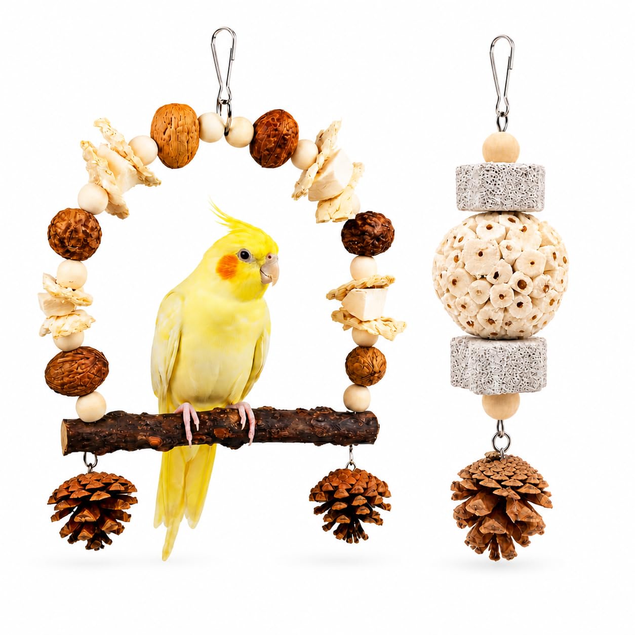 2 Pack Natural Bird Toys Set - Arch Wood Swing & Sola Ball Shreddable Toy - Foraging Hanging Perch with Pine Cones & Pumice Stone Beak Trimmer, Cage Accessories for Cockatiel, Conure, Parakeets