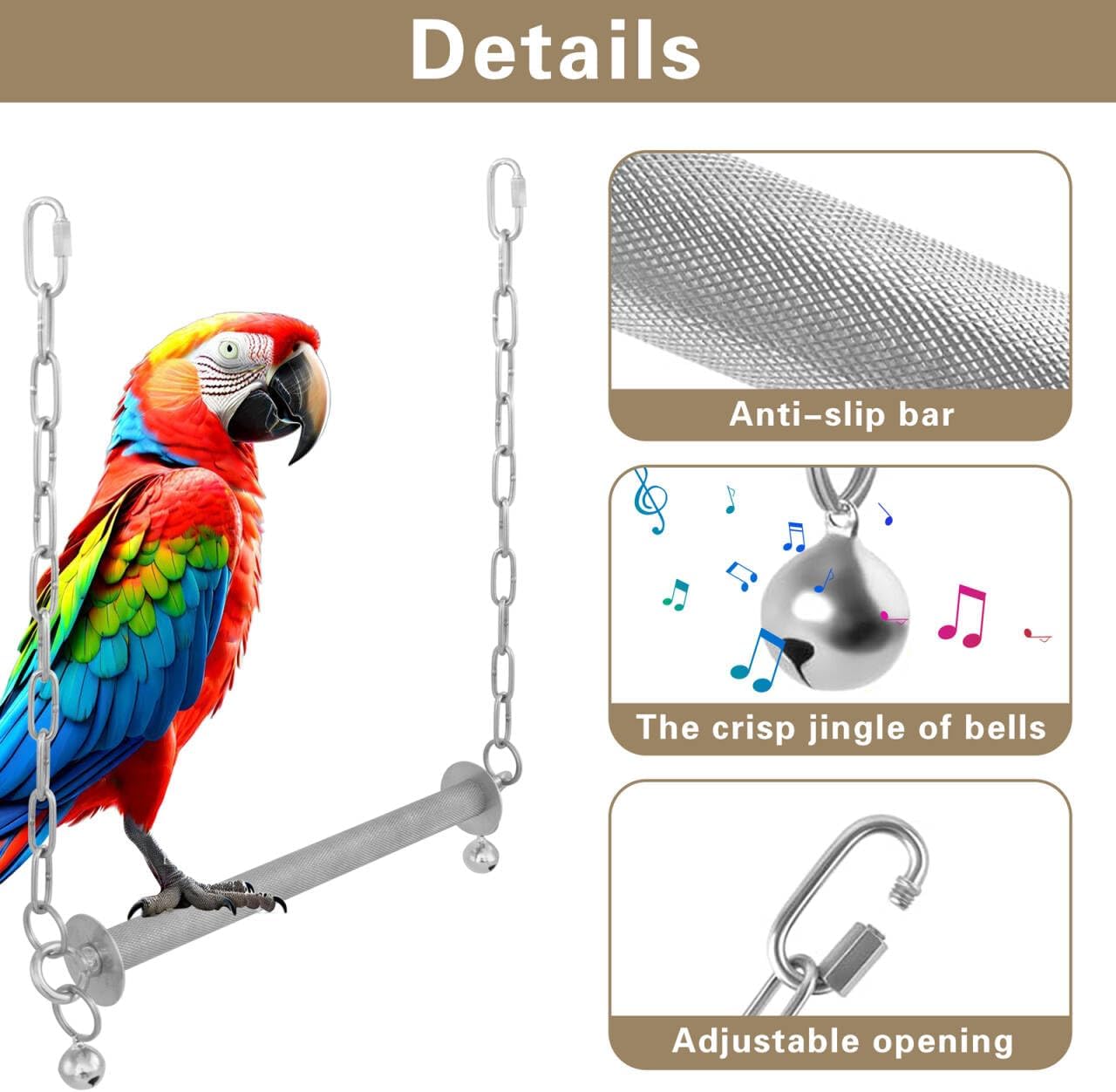 Stainless Steel Large Bird Swing, Heavy Duty Hanging Parrot Perch with Bell, Claw Grinding Cage Toy for Macaw, African Grey, Amazon, Cockatoo, and Large Birds