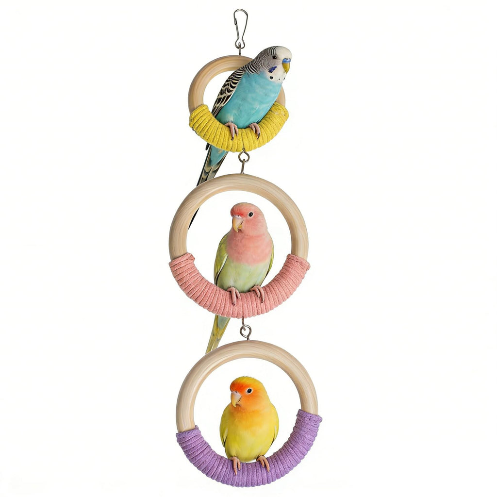 3-Ring Bird Wooden Swing with Bell Climbing Toy Chewable Cotton Rope Perch for Cage Cockatiels Budgies Parakeets Lovebirds 17 Inch