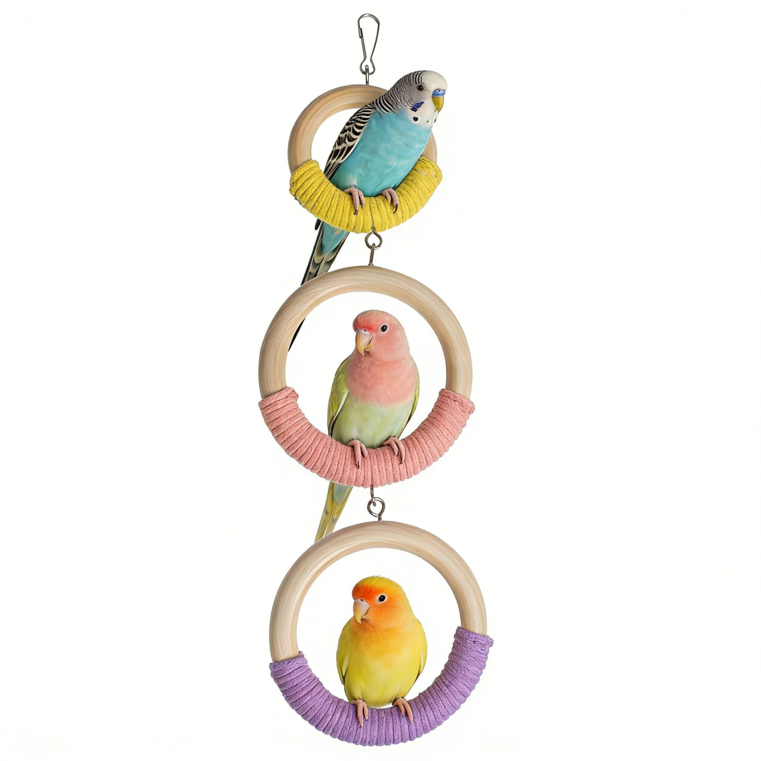 3-Ring Bird Wooden Swing with Bell Climbing Toy Chewable Cotton Rope Perch for Cage Cockatiels Budgies Parakeets Lovebirds 17 Inch
