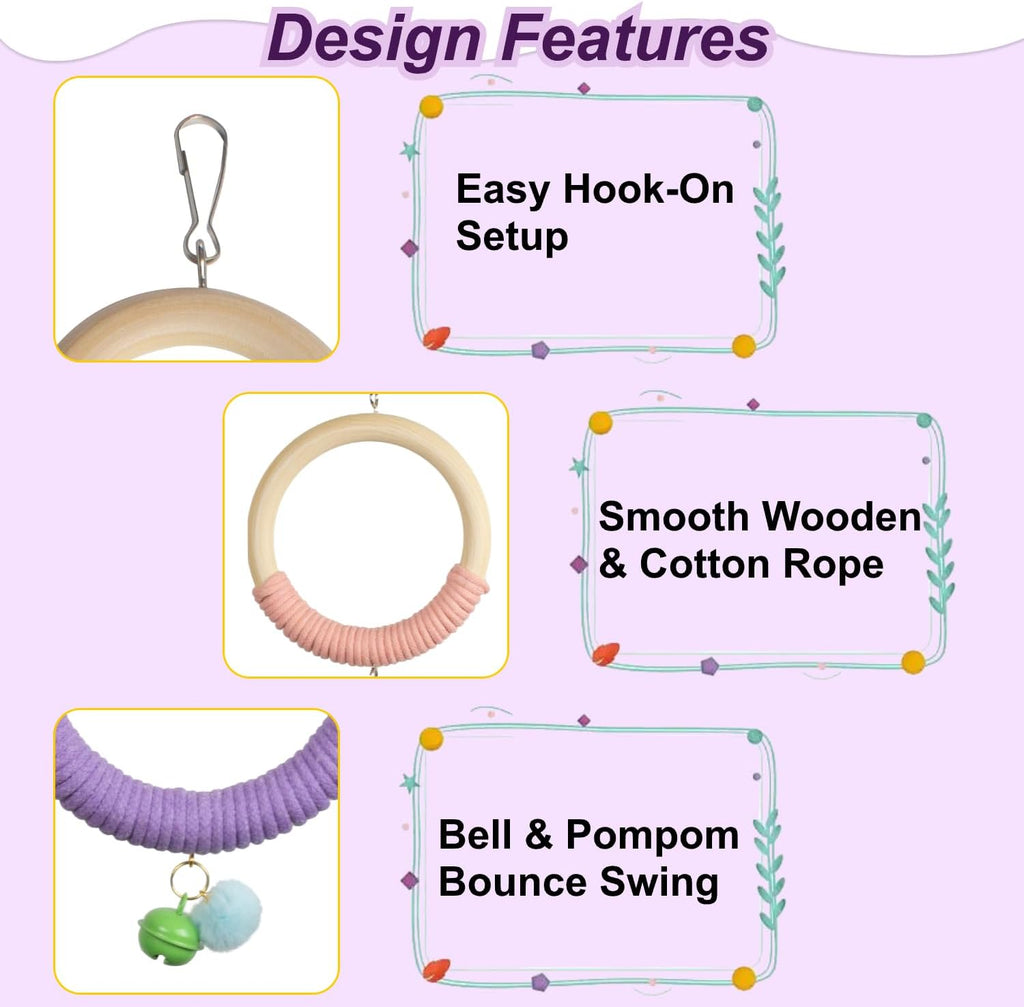 3-Ring Bird Wooden Swing with Bell Climbing Toy Chewable Cotton Rope Perch for Cage Cockatiels Budgies Parakeets Lovebirds 17 Inch