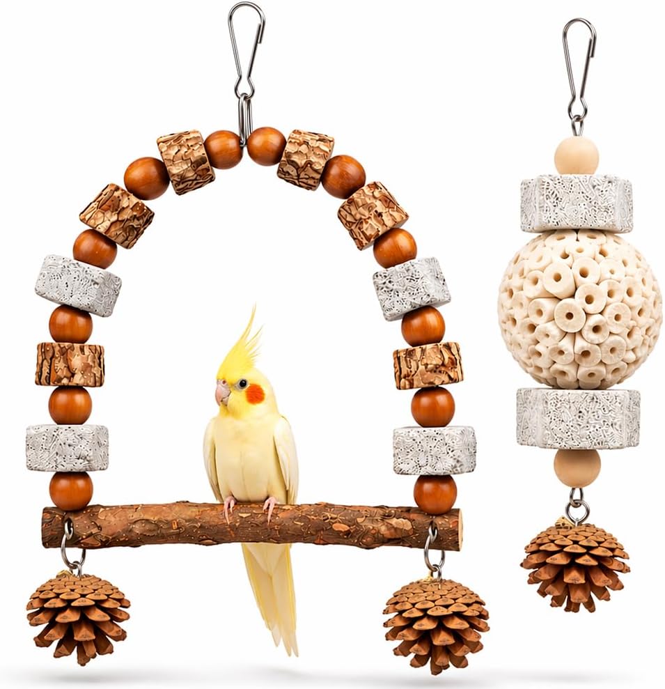 2 Pack Natural Bird Toys Set - Arch Wood Swing & Sola Ball Shreddable Toy - Foraging Hanging Perch with Pine Cones & Pumice Stone Beak Trimmer, Cage Accessories for Cockatiel, Conure, Parakeets
