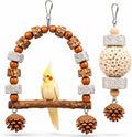 2 Pack Natural Bird Toys Set - Arch Wood Swing & Sola Ball Shreddable Toy - Foraging Hanging Perch with Pine Cones & Pumice Stone Beak Trimmer, Cage Accessories for Cockatiel, Conure, Parakeets