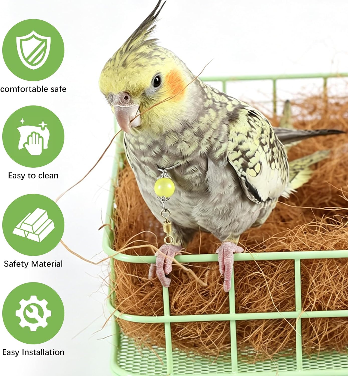 Bird Perch Platform Stainless Steel Birds Perches with Coconut Fiber Nest Pad,Open-Grid Easy Clean Parrot Perch Stand,for Small and Medium Birds(9.8“x6.3”x2.4”Green)