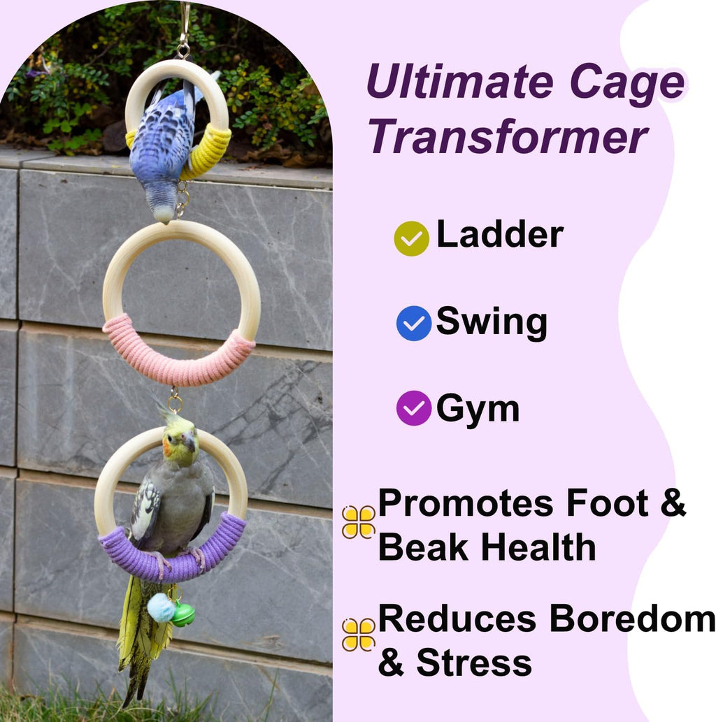 3-Ring Bird Wooden Swing with Bell Climbing Toy Chewable Cotton Rope Perch for Cage Cockatiels Budgies Parakeets Lovebirds 17 Inch