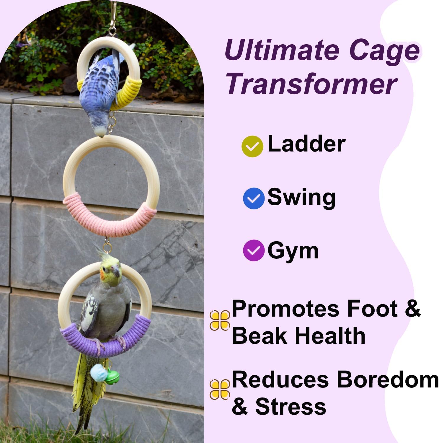 3-Ring Bird Wooden Swing with Bell Climbing Toy Chewable Cotton Rope Perch for Cage Cockatiels Budgies Parakeets Lovebirds 17 Inch