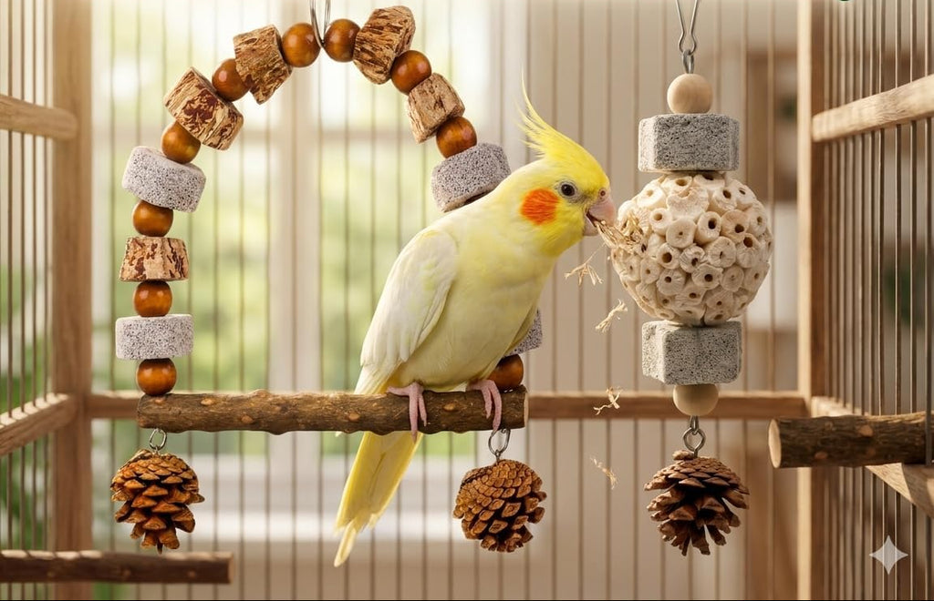 2 Pack Natural Bird Toys Set - Arch Wood Swing & Sola Ball Shreddable Toy - Foraging Hanging Perch with Pine Cones & Pumice Stone Beak Trimmer, Cage Accessories for Cockatiel, Conure, Parakeets
