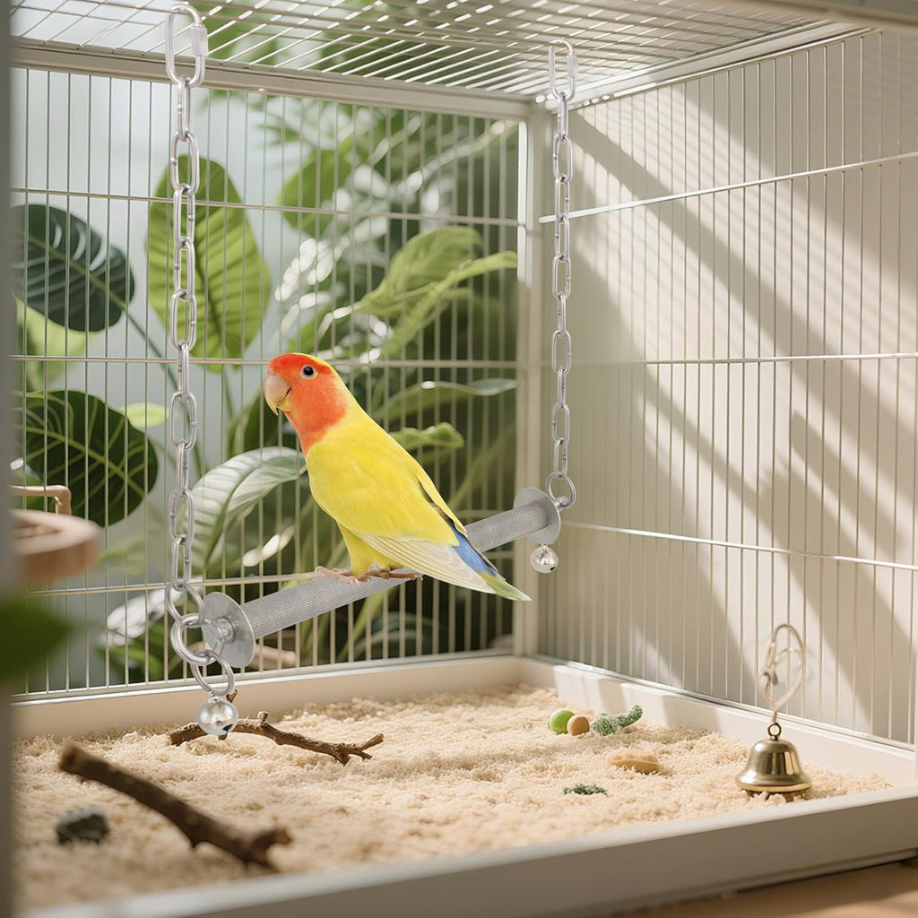 Stainless Steel Large Bird Swing, Heavy Duty Hanging Parrot Perch with Bell, Claw Grinding Cage Toy for Macaw, African Grey, Amazon, Cockatoo, and Large Birds