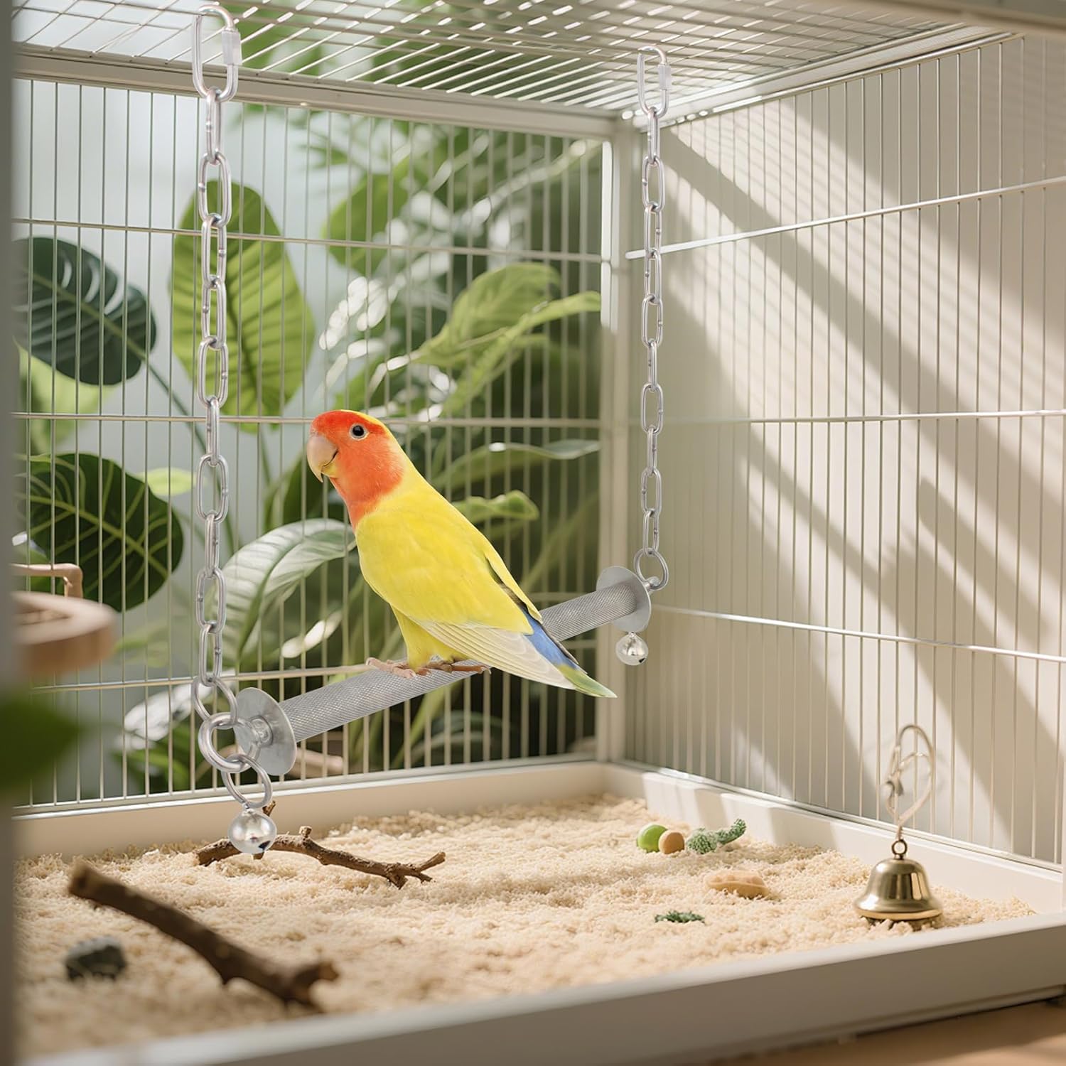 Stainless Steel Large Bird Swing, Heavy Duty Hanging Parrot Perch with Bell, Claw Grinding Cage Toy for Macaw, African Grey, Amazon, Cockatoo, and Large Birds