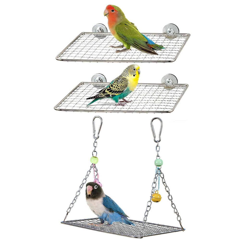 Bird Perch Platform Stainless Steel Birds Perches with Coconut Fiber Nest Pad,Open-Grid Easy Clean Parrot Perch Stand,for Small and Medium Birds(9.8“x6.3”x2.4”Green)