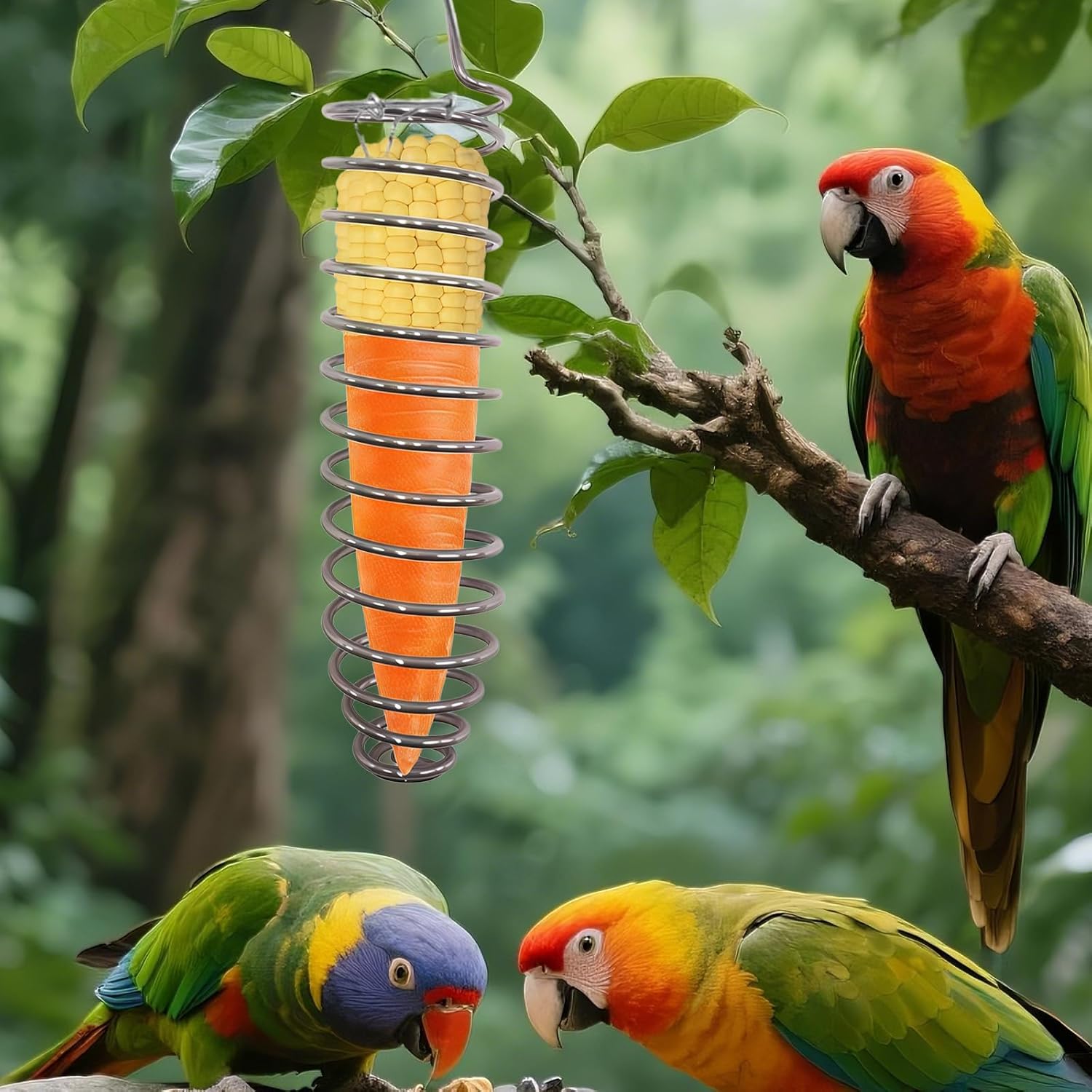 3Pcs Stainless Steel Bird Food Holder Set - Hanging Foraging Basket Cage Accessories, Metal Fruit & Vegetable Feeder for Parrot, Macaw, Cockatoo, Parakeet & Large Birds Cage Toys Gifts
