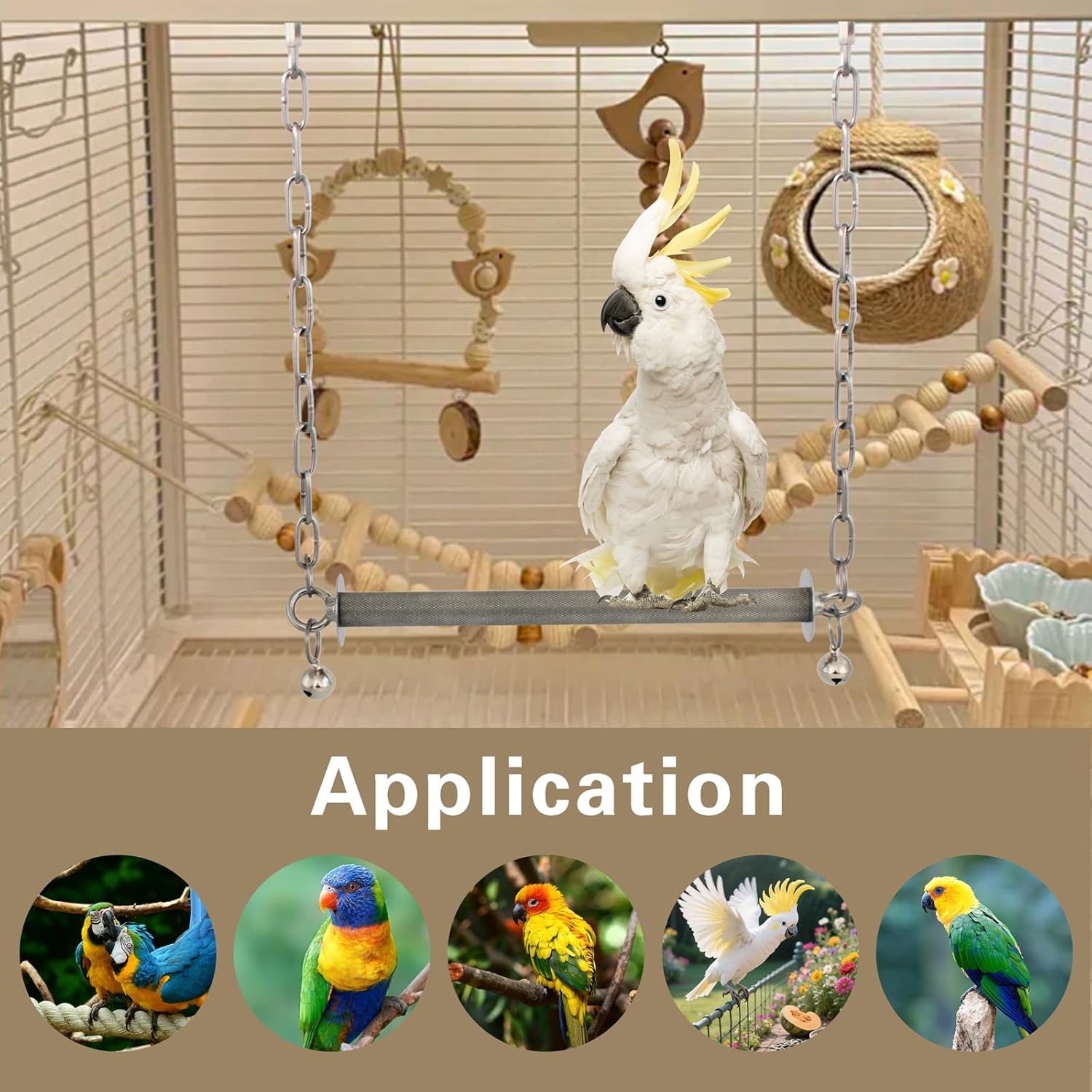 Stainless Steel Large Bird Swing, Heavy Duty Hanging Parrot Perch with Bell, Claw Grinding Cage Toy for Macaw, African Grey, Amazon, Cockatoo, and Large Birds