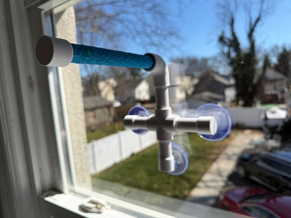 CleanPerch™ Window Bird Perch with Suction Cups. Grooming & Outside Viewing Perch for Parrots, Conures & Small Birds. Window-Mounted Bird Stand (Blue, 6")