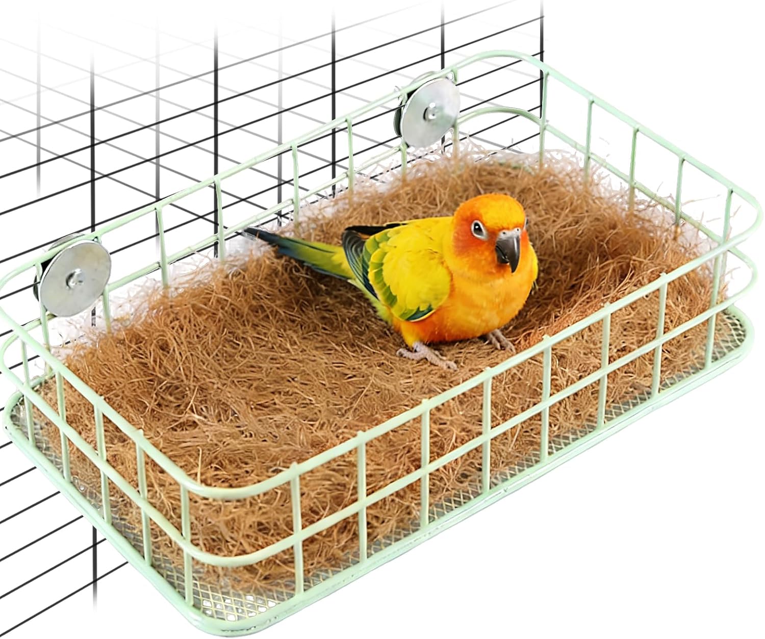 Bird Perch Platform Stainless Steel Birds Perches with Coconut Fiber Nest Pad,Open-Grid Easy Clean Parrot Perch Stand,for Small and Medium Birds(9.8“x6.3”x2.4”Green)