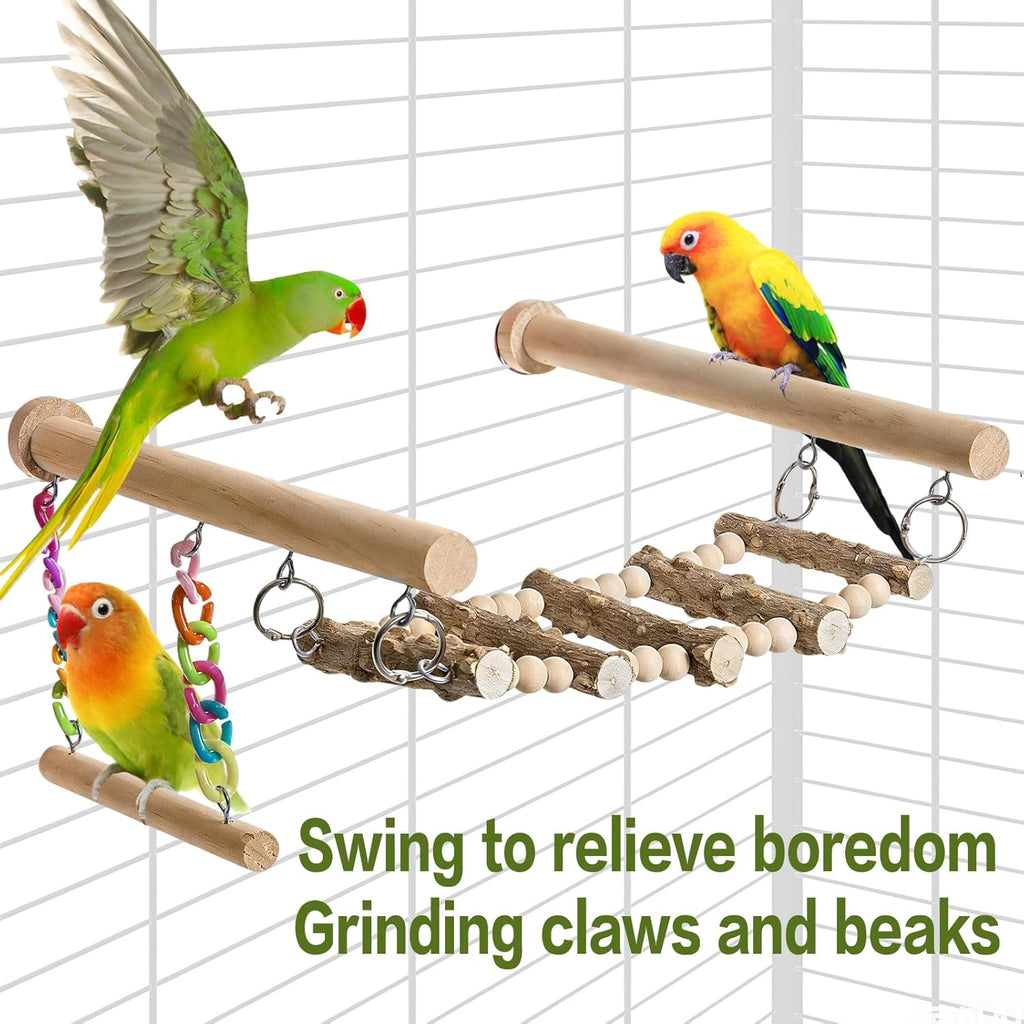 Bird Perches Ladder with Swing, Natural Wood Parrot Climbing Bridge Perch Toys,Wood Climbing Ladder for Parakeet, Exercise Play Stand Parakeet Cage Accessories for Budgie Conure Lovebird Canary,A
