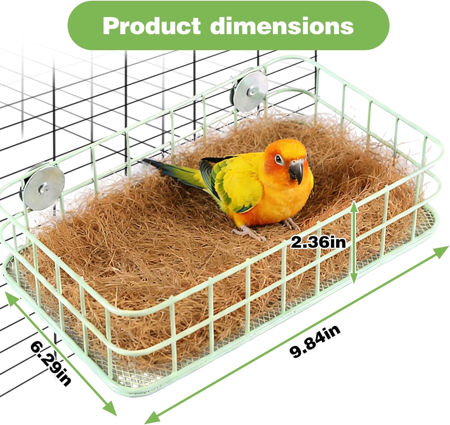 Bird Perch Platform Stainless Steel Birds Perches with Coconut Fiber Nest Pad,Open-Grid Easy Clean Parrot Perch Stand,for Small and Medium Birds(9.8“x6.3”x2.4”Green)