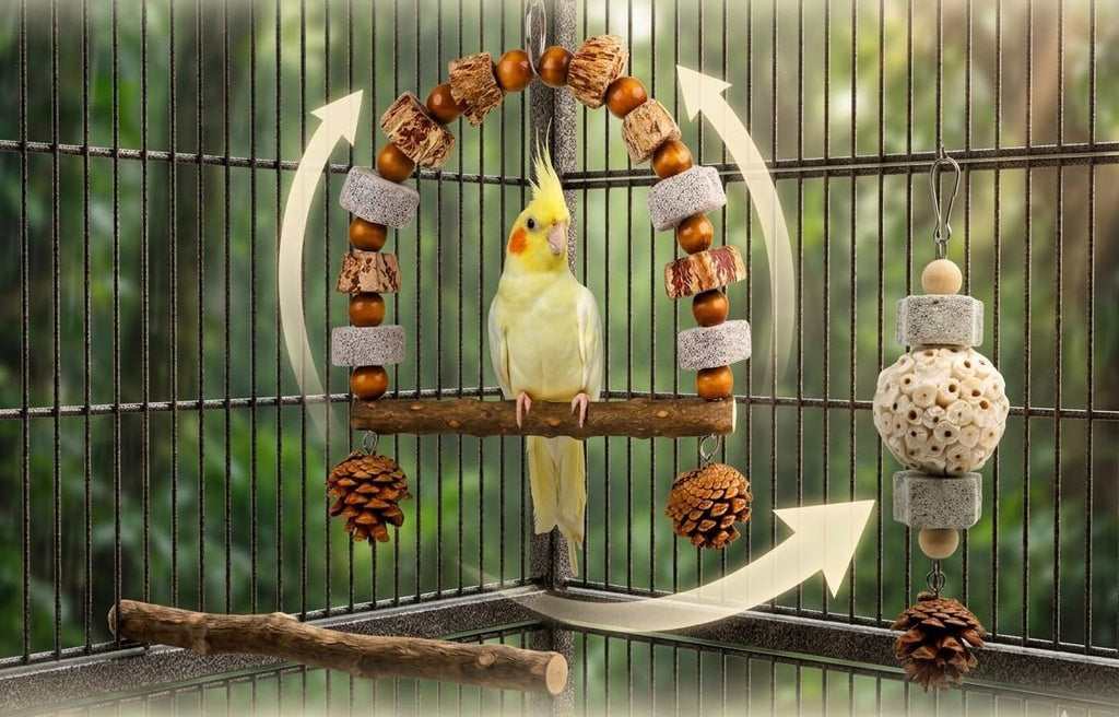 2 Pack Natural Bird Toys Set - Arch Wood Swing & Sola Ball Shreddable Toy - Foraging Hanging Perch with Pine Cones & Pumice Stone Beak Trimmer, Cage Accessories for Cockatiel, Conure, Parakeets