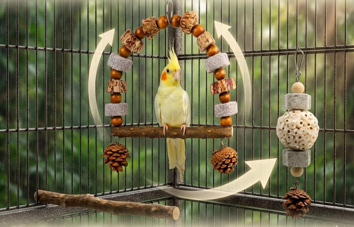 2 Pack Natural Bird Toys Set - Arch Wood Swing & Sola Ball Shreddable Toy - Foraging Hanging Perch with Pine Cones & Pumice Stone Beak Trimmer, Cage Accessories for Cockatiel, Conure, Parakeets