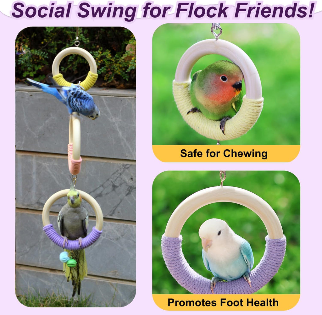 3-Ring Bird Wooden Swing with Bell Climbing Toy Chewable Cotton Rope Perch for Cage Cockatiels Budgies Parakeets Lovebirds 17 Inch