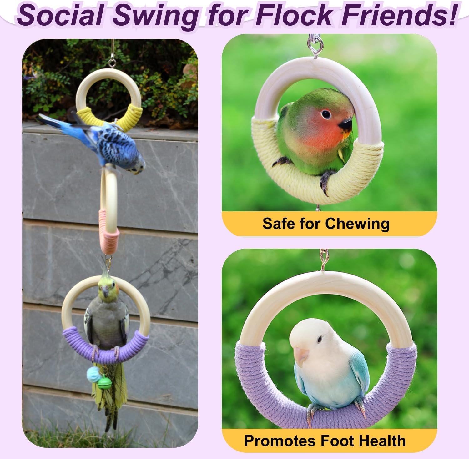3-Ring Bird Wooden Swing with Bell Climbing Toy Chewable Cotton Rope Perch for Cage Cockatiels Budgies Parakeets Lovebirds 17 Inch