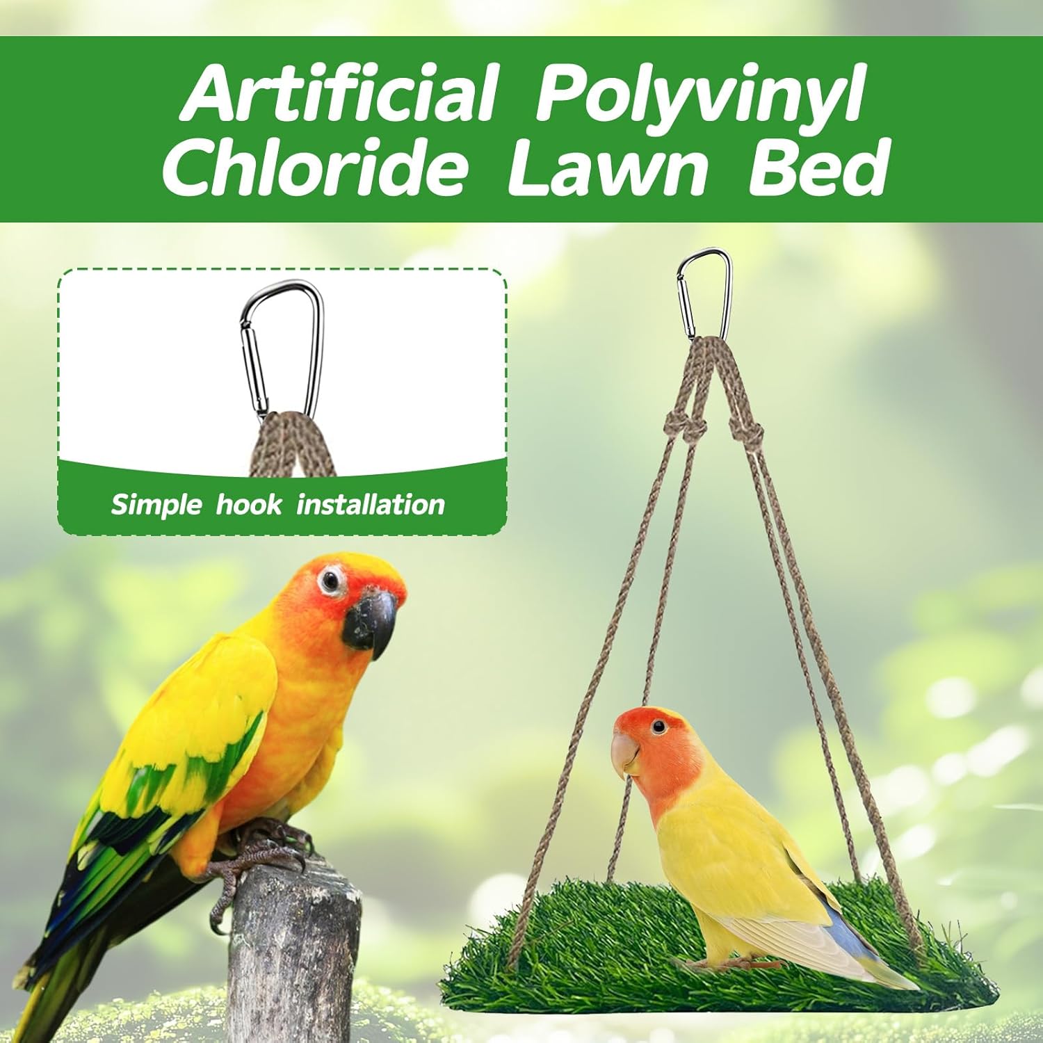 Square Artificial Grass Bird Foraging Mat, 10" x 10" Hanging Perch Platform, Bird Cage Accessories for Parakeets, Cockatiels, Budgies, Bearded Dragons & Small Pets