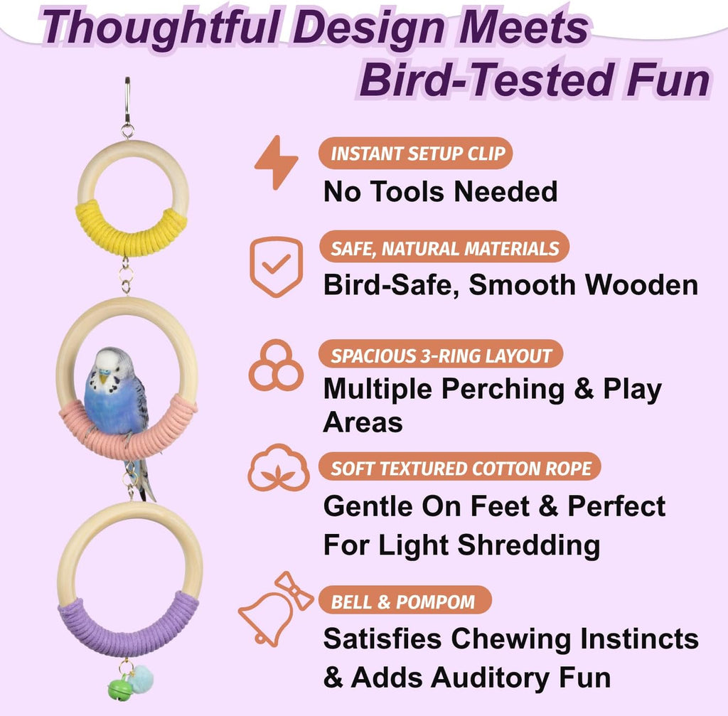 3-Ring Bird Wooden Swing with Bell Climbing Toy Chewable Cotton Rope Perch for Cage Cockatiels Budgies Parakeets Lovebirds 17 Inch