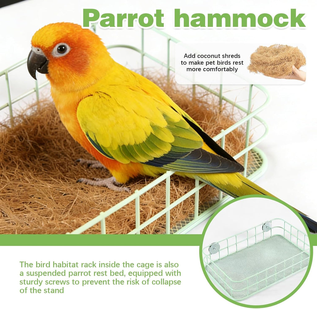 Bird Perch Platform Stainless Steel Birds Perches with Coconut Fiber Nest Pad,Open-Grid Easy Clean Parrot Perch Stand,for Small and Medium Birds(9.8“x6.3”x2.4”Green)