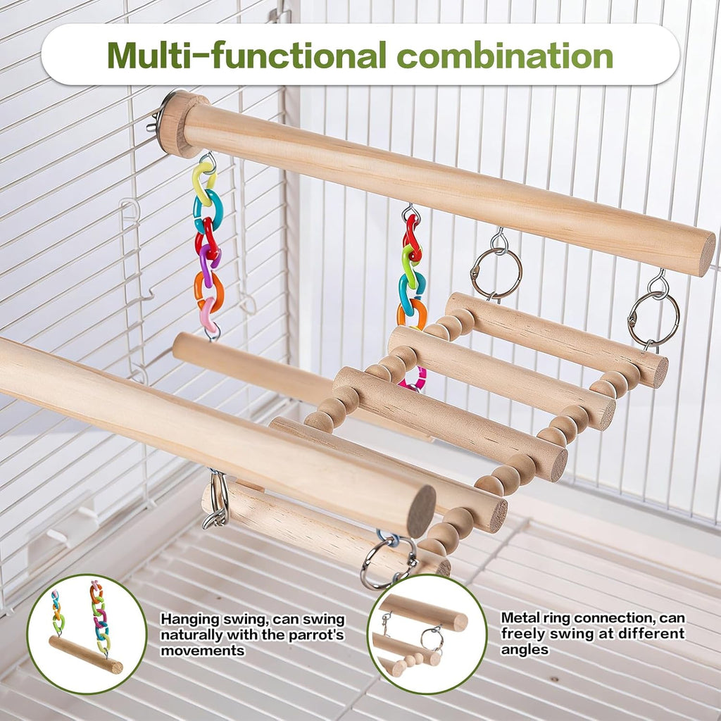 Bird Perches Ladder with Swing, Natural Wood Parrot Climbing Bridge Perch Toys,Wood Climbing Ladder for Parakeet, Exercise Play Stand Parakeet Cage Accessories for Budgie Conure Lovebird Canary,A