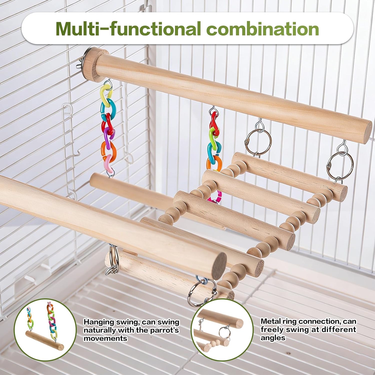 Bird Perches Ladder with Swing, Natural Wood Parrot Climbing Bridge Perch Toys,Wood Climbing Ladder for Parakeet, Exercise Play Stand Parakeet Cage Accessories for Budgie Conure Lovebird Canary,A