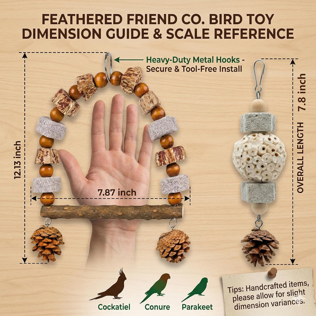 2 Pack Natural Bird Toys Set - Arch Wood Swing & Sola Ball Shreddable Toy - Foraging Hanging Perch with Pine Cones & Pumice Stone Beak Trimmer, Cage Accessories for Cockatiel, Conure, Parakeets