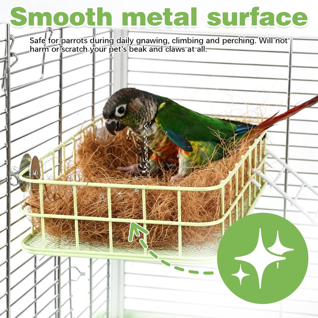 Bird Perch Platform Stainless Steel Birds Perches with Coconut Fiber Nest Pad,Open-Grid Easy Clean Parrot Perch Stand,for Small and Medium Birds(9.8“x6.3”x2.4”Green)