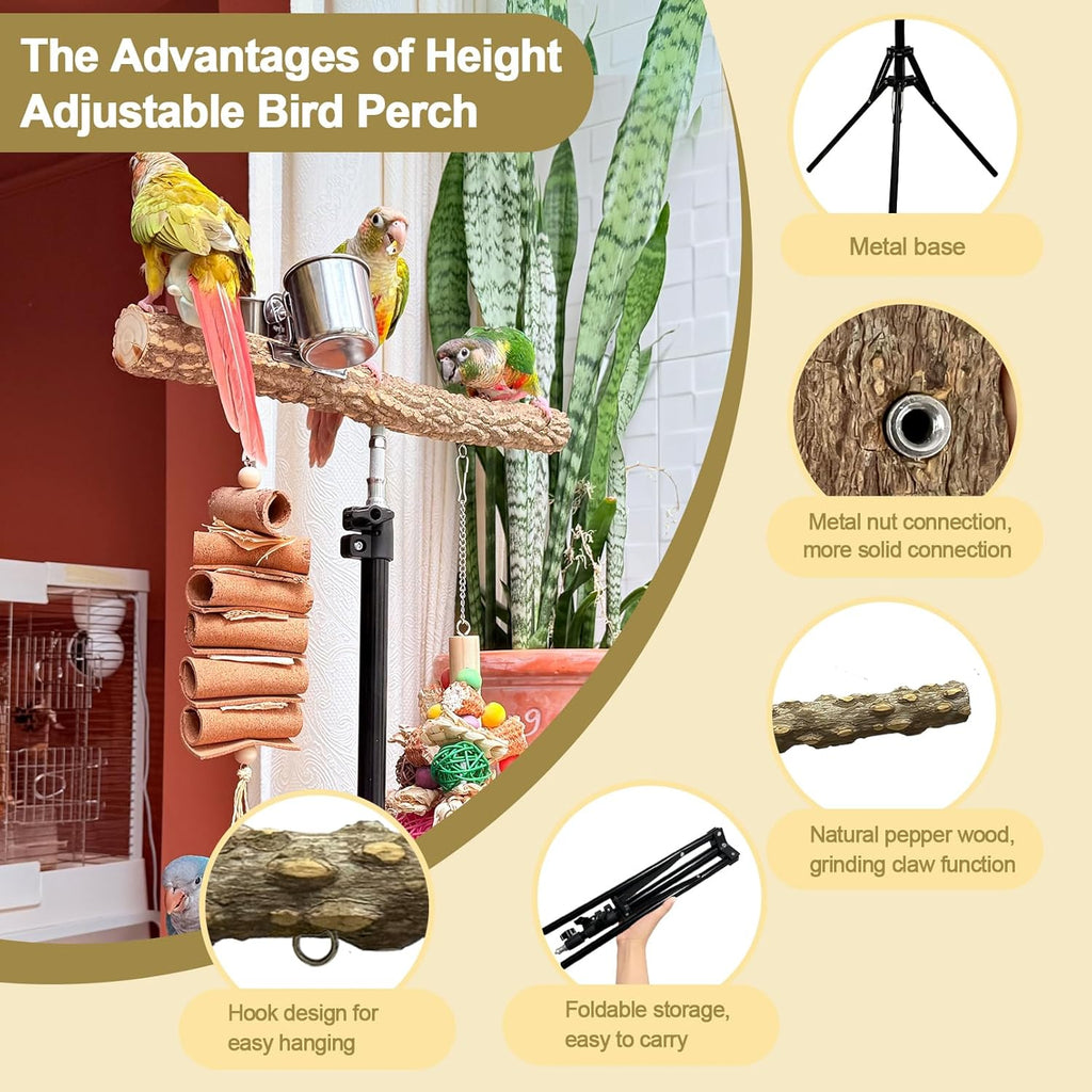 3-Layer 16-63 Inch Height Adjustable Bird Perch Pepper Wood Birds Training Perch Stand Parakeet Perches Indoor and Outdoor Parrot Stands for Small to Medium Bird