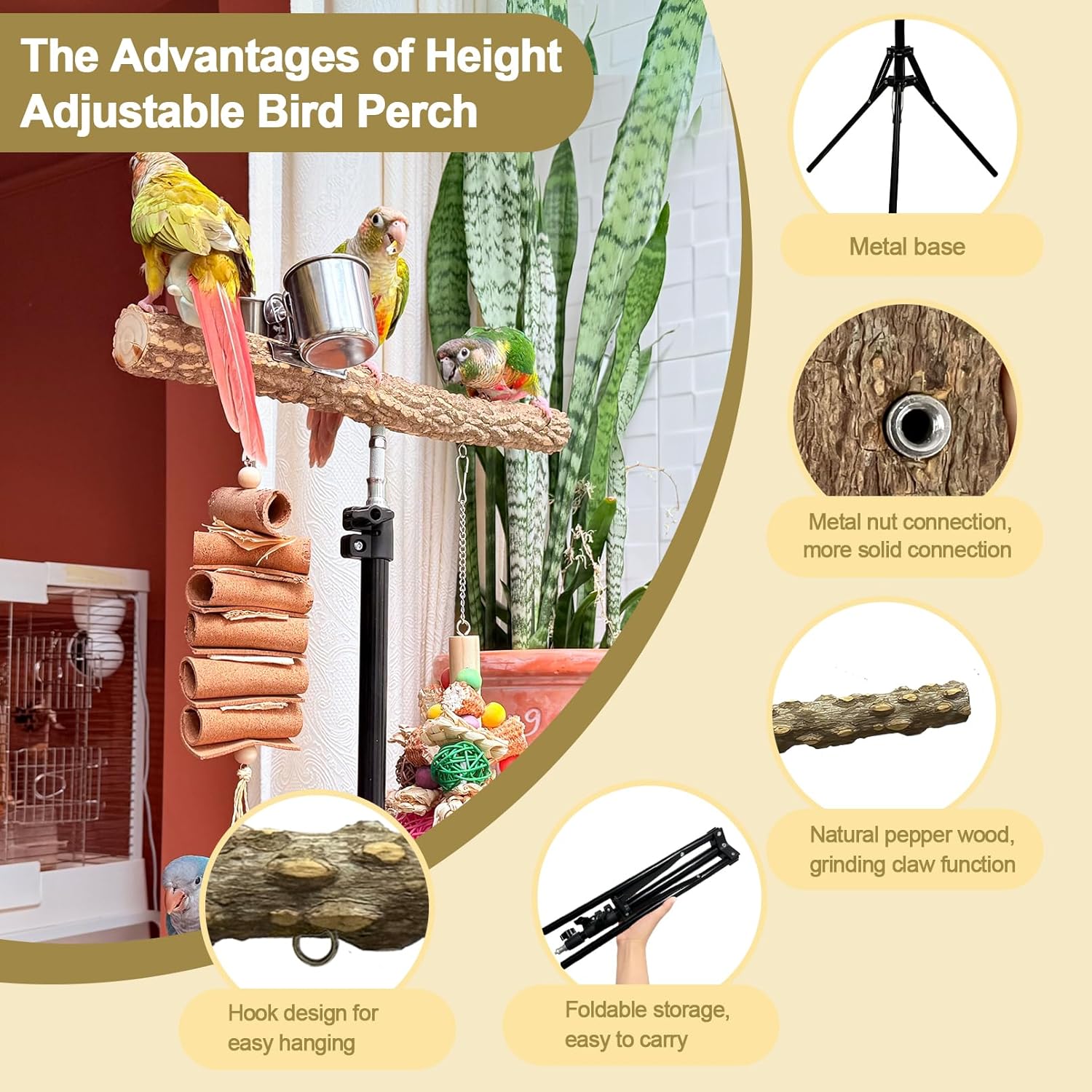 3-Layer 16-63 Inch Height Adjustable Bird Perch Pepper Wood Birds Training Perch Stand Parakeet Perches Indoor and Outdoor Parrot Stands for Small to Medium Bird