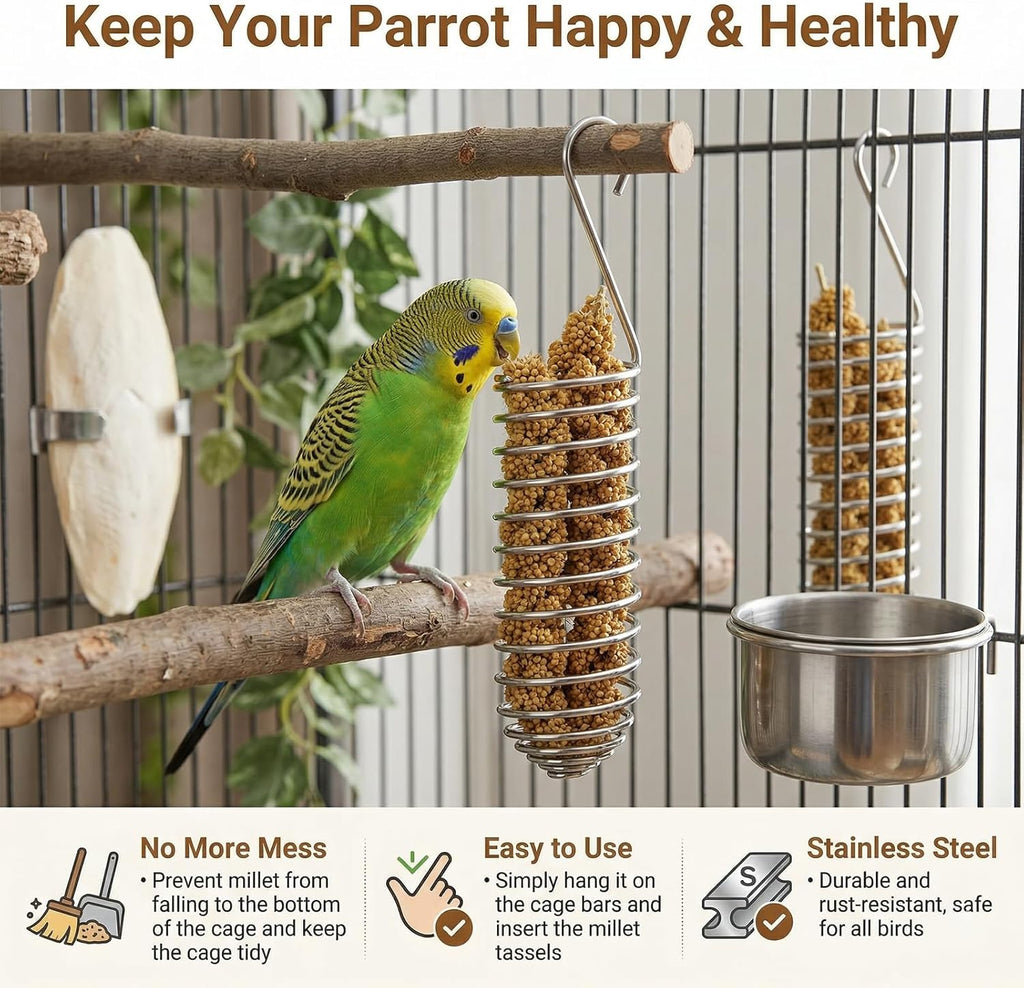 2pcs Millet Spray Holder for Parrots,Millet Holder for Bird Cage,Parakeet Snack Stick Feeder,Natural Millet & Crunch Bar Station for Birds,Calcium Block Bird Feeder,Bird Cage Accessory