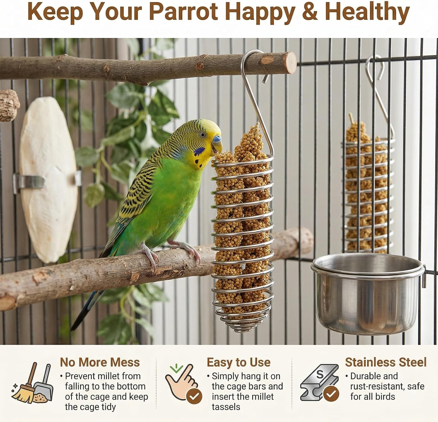 2pcs Millet Spray Holder for Parrots,Millet Holder for Bird Cage,Parakeet Snack Stick Feeder,Natural Millet & Crunch Bar Station for Birds,Calcium Block Bird Feeder,Bird Cage Accessory