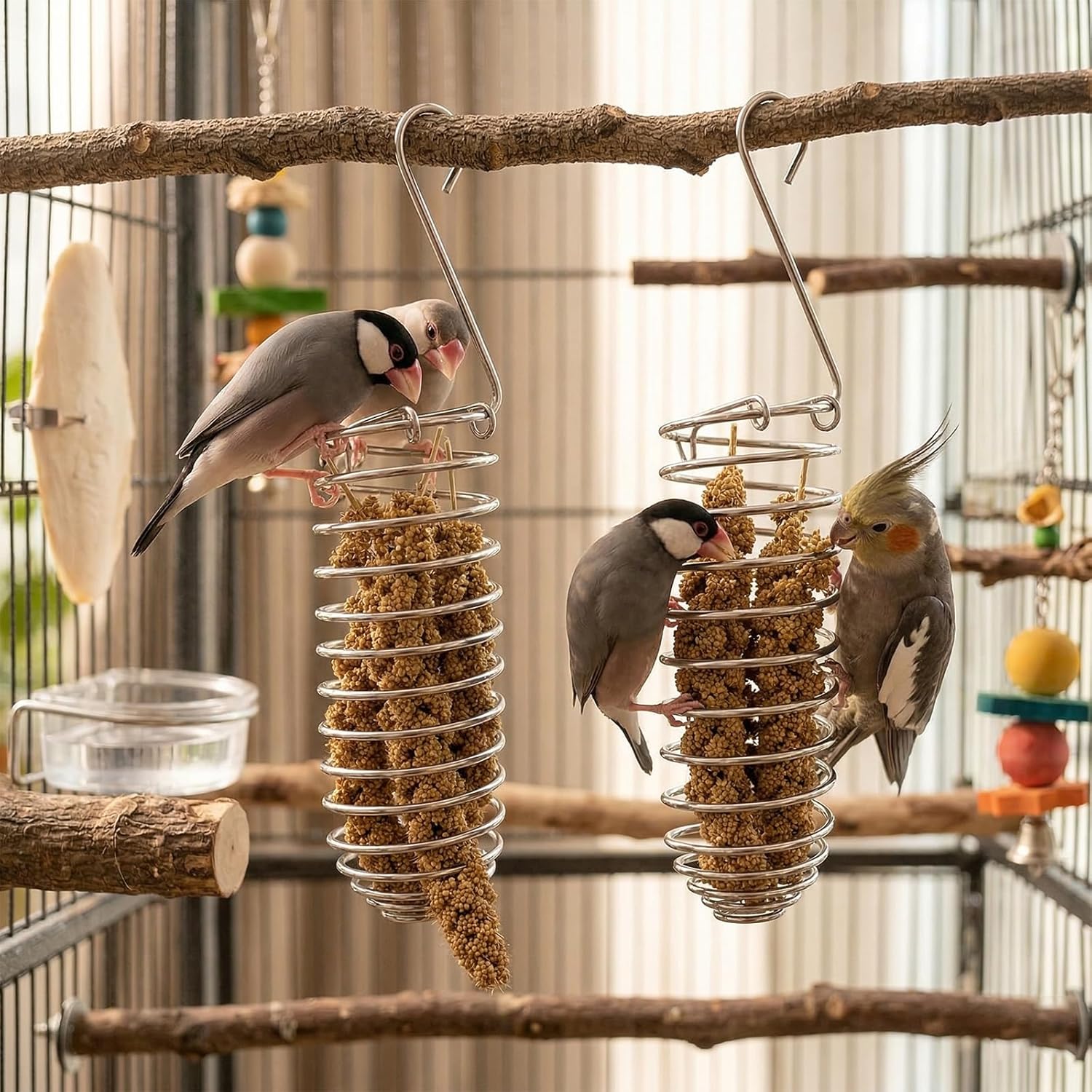 2pcs Millet Spray Holder for Parrots,Millet Holder for Bird Cage,Parakeet Snack Stick Feeder,Natural Millet & Crunch Bar Station for Birds,Calcium Block Bird Feeder,Bird Cage Accessory