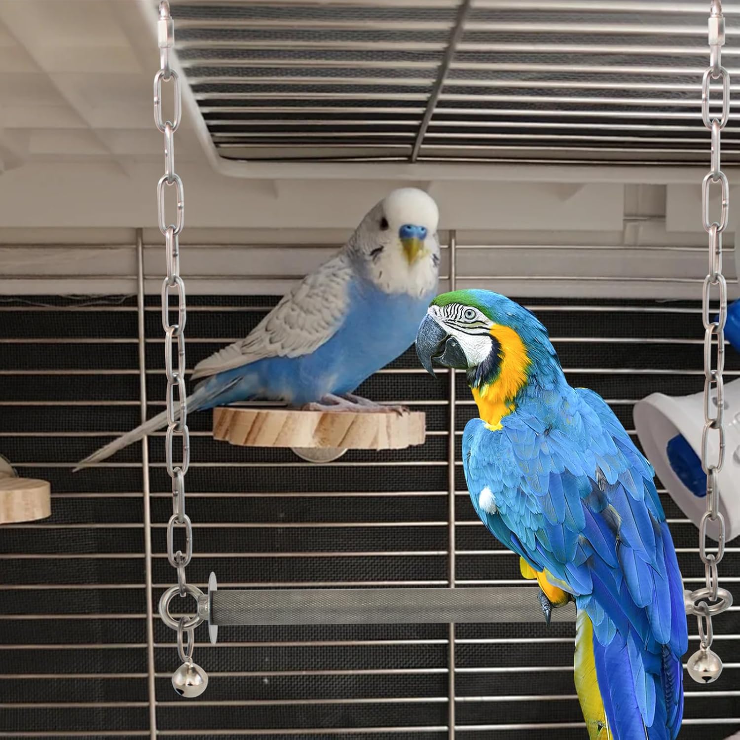 Stainless Steel Large Bird Swing, Heavy Duty Hanging Parrot Perch with Bell, Claw Grinding Cage Toy for Macaw, African Grey, Amazon, Cockatoo, and Large Birds